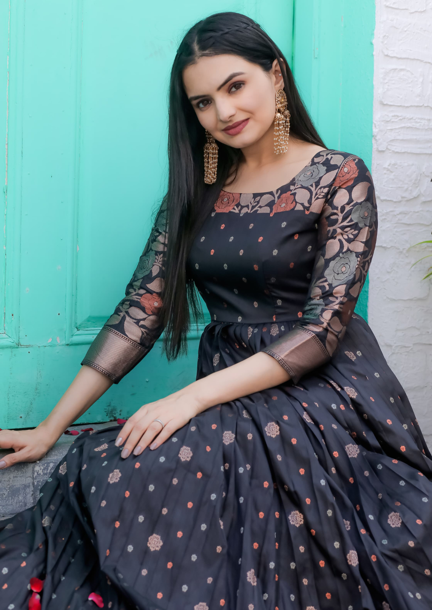 Elegant Soft Silk Gown with Copper Weaving