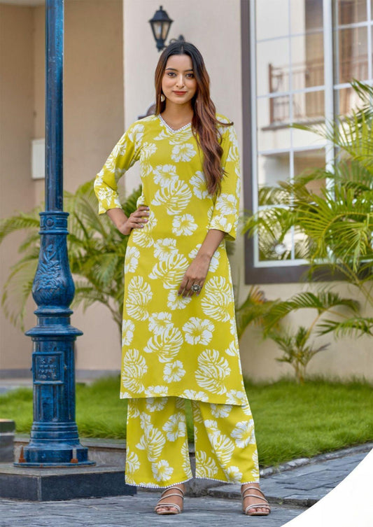Mittoo Sulekha Floral Kurti Palazzo Set, Lime Green