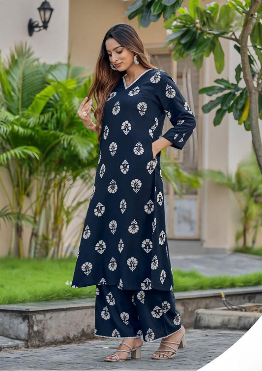 Mittoo Sulekha Navy Floral Kurti Palazzo Set