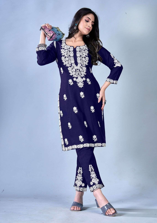 Blue Hills Sunburn – Elegant White Thread Work in Premium Rayon