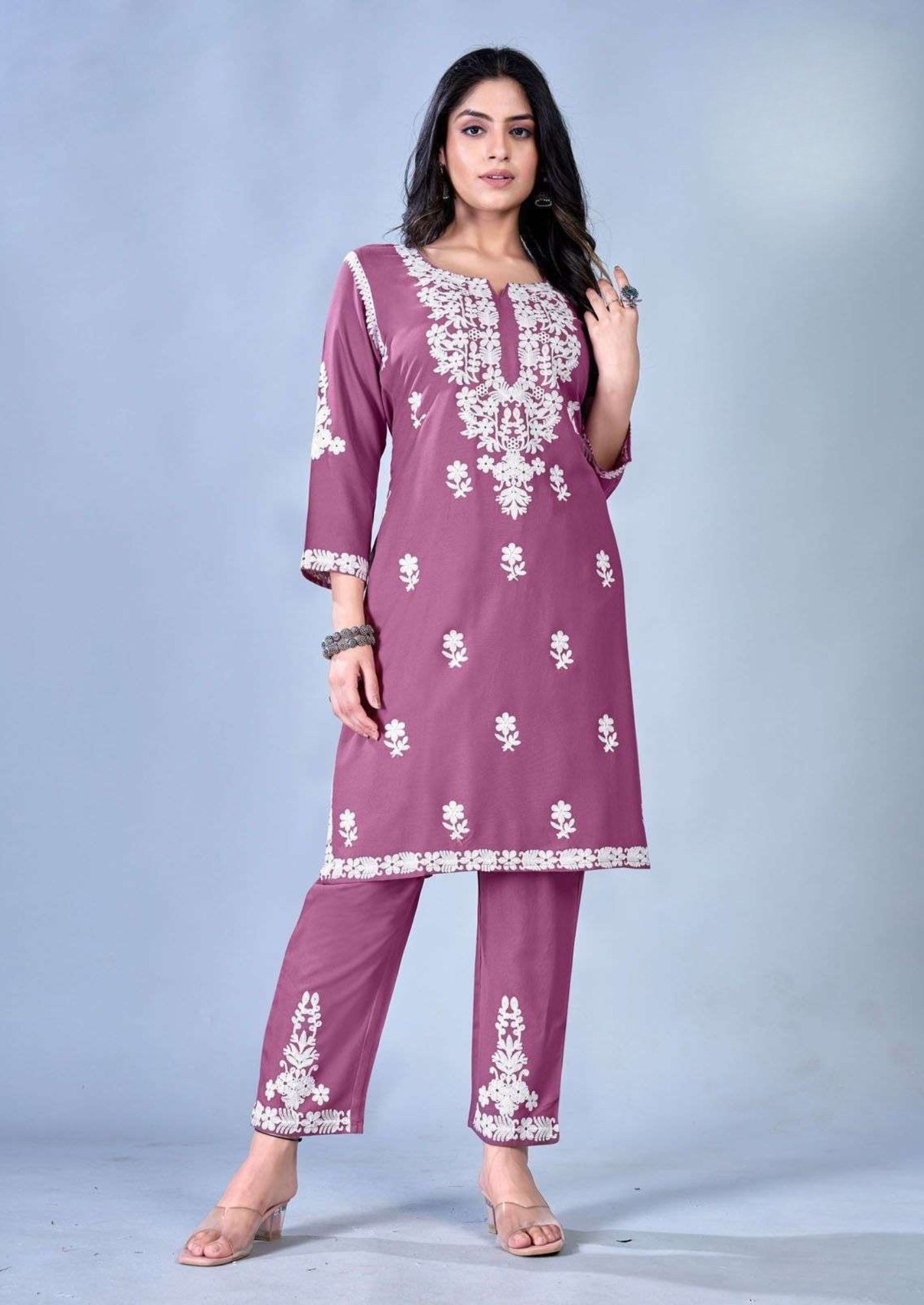 Blue Hills Sunburn – Elegant White Thread Work in Premium Rayon