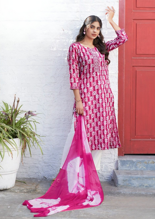 Mystic Nisha Elegant Dobby Cotton Kurti Pant Set with Batik Neck Embroidery