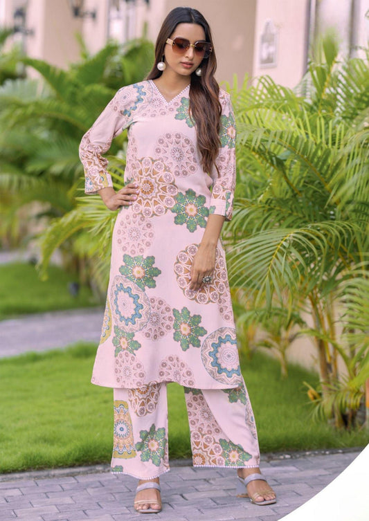 Rayon Print Kurti & Palazzo Set with Pocket - Pastel Pink Floral Mandala
