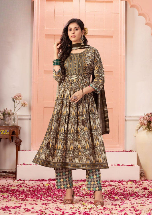 Tanishk Sharanam Brown Zigzag Embroidered Kurti & Pant Set