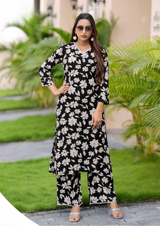 Mittoo Sulekha Black Floral Kurti Palazzo Set