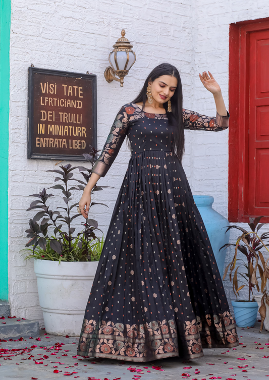 Elegant Soft Silk Gown with Copper Weaving