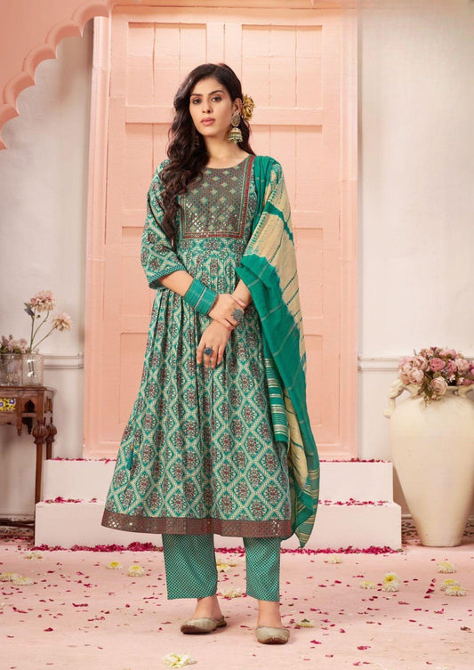 Tanishk Sharanam Teal Geometric Embroidered Kurti & Pant Set