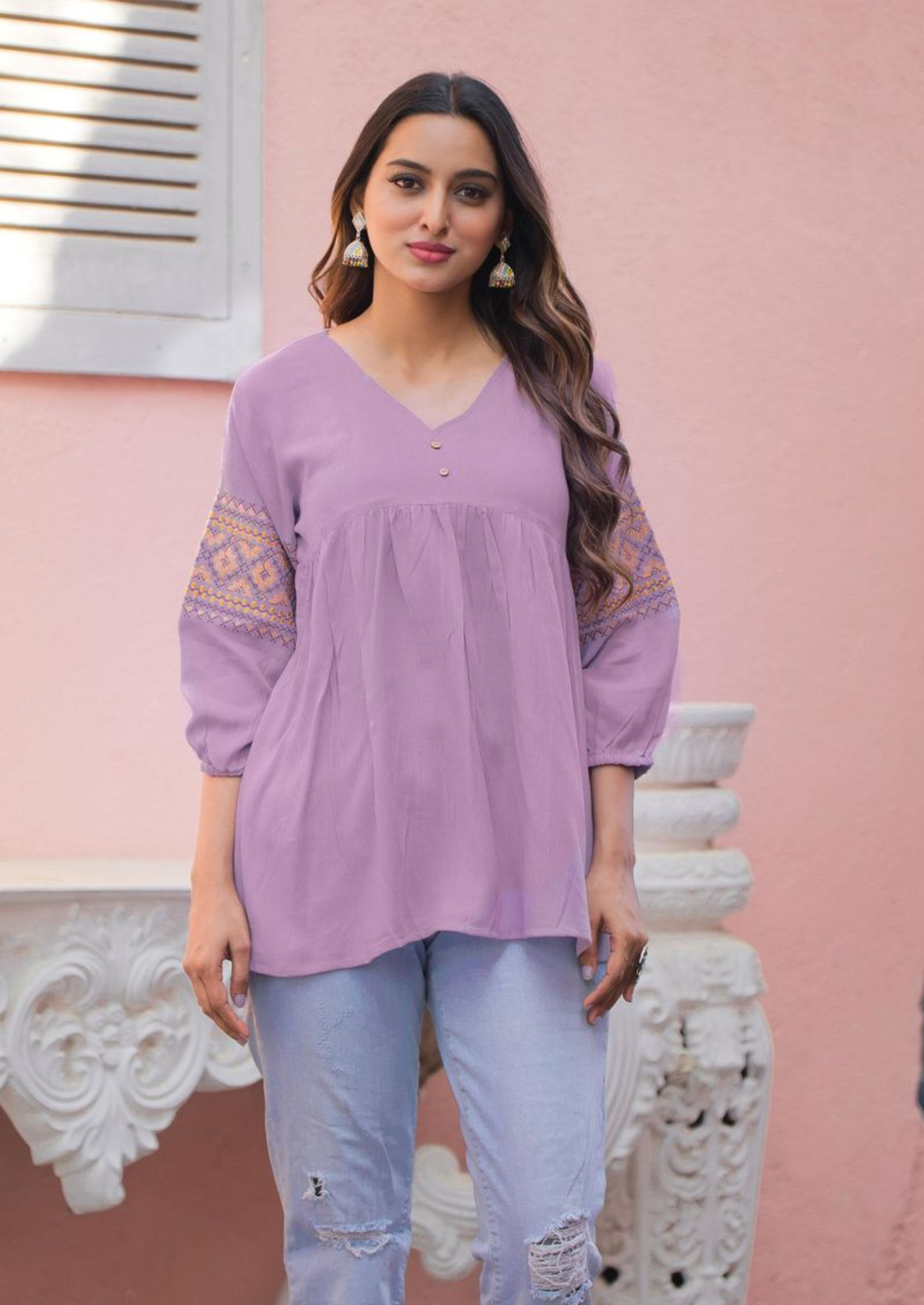 Mittoo Victoria Rayon Wrinkle Short Tunic with Thread Work