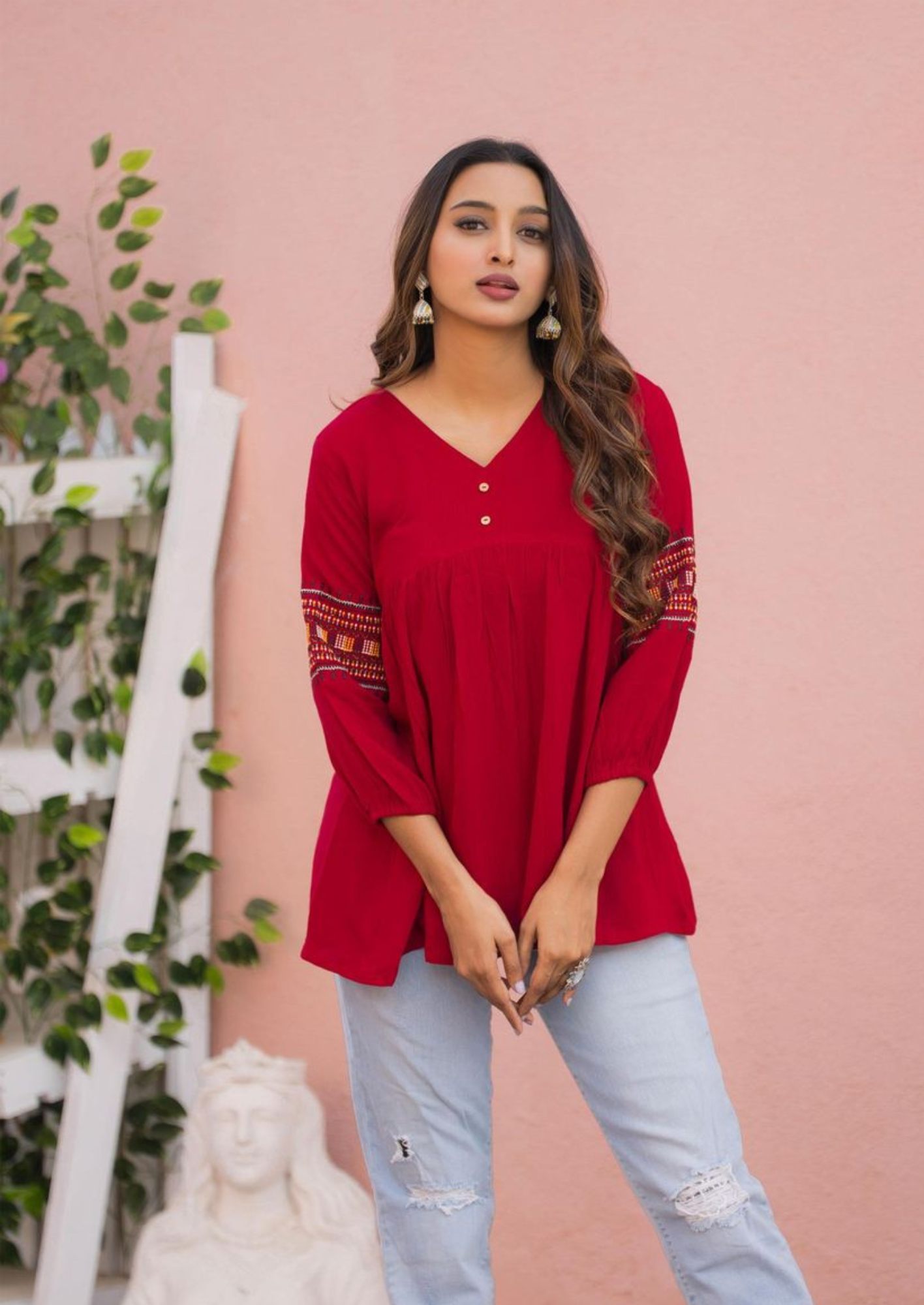 Mittoo Victoria Rayon Wrinkle Short Tunic with Thread Work