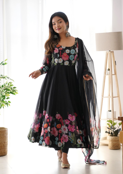 Organza Floral Anarkali Set in Pure Soft Silk