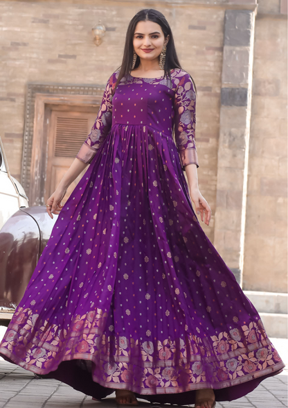 Elegant Soft Silk Gown with Copper Weaving