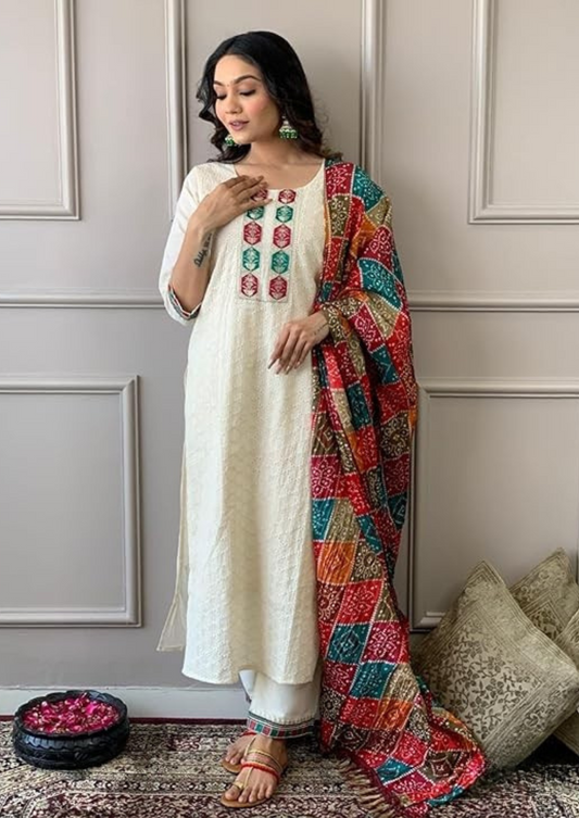 Elegant Cotton Schiffli Chikankari Kurta Set with Printed Dupatta