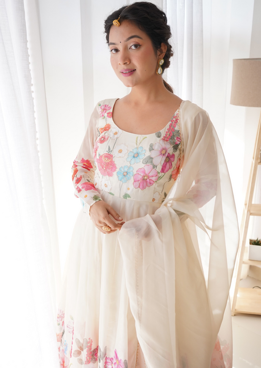 Organza Floral Anarkali Set in Pure Soft Silk