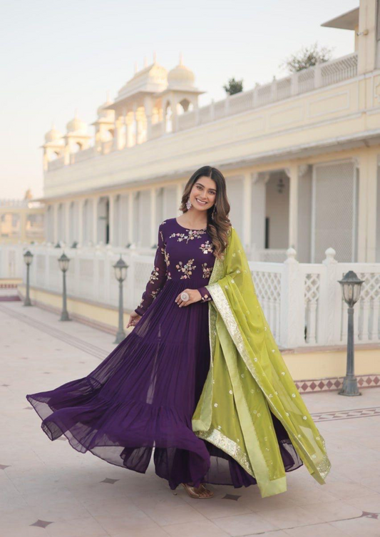 Elegant Faux Georgette Gown with Russian Silk Embroidered Dupatta
