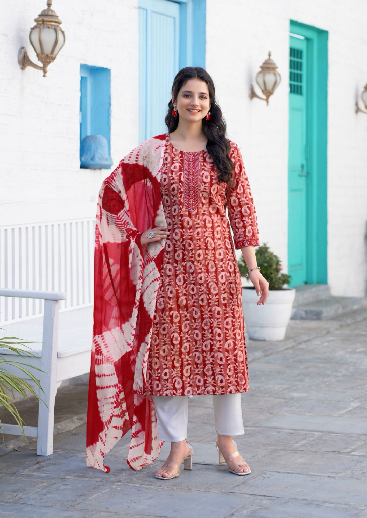 Mystic Nisha Elegant Dobby Cotton Kurti Pant Set with Batik Neck Embroidery