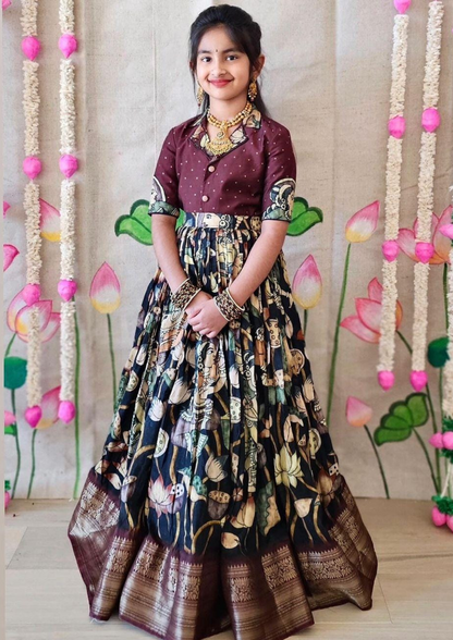 Elegant Zari Silk Lehenga with Digital Print Banglory Satin Blouse