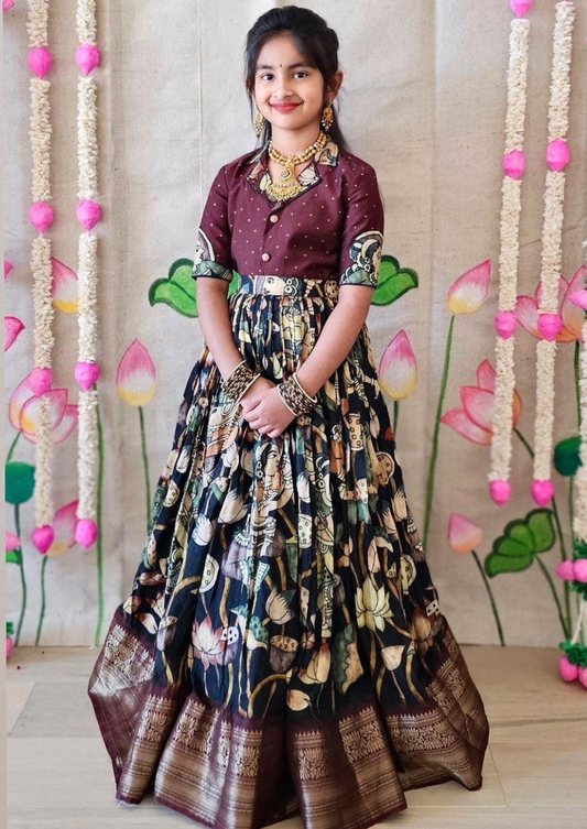 Elegant Zari Silk Lehenga with Digital Print Banglory Satin Blouse