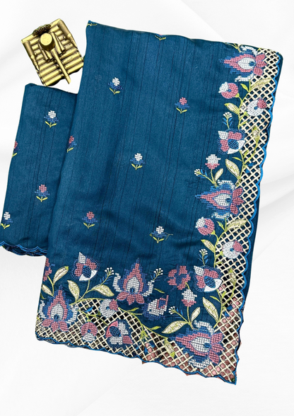 Cut Work Visca Slub Silk Saree with Embroidered Detailing