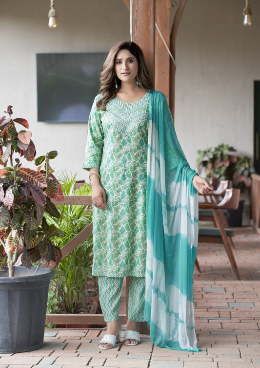 Mystic Shagun Stylish Foil Print Kurti Pant Set with Embroidered Neck
