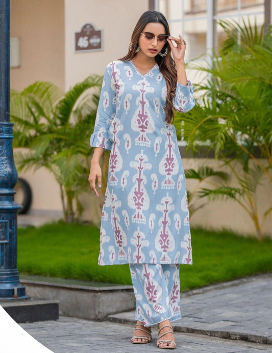 Rayon Print Kurti & Palazzo Set with Pocket -  Blue & Mauve Ikat
