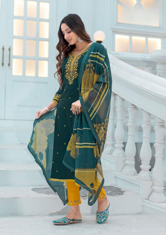 Woogle Nirvee Green and Yellow Kurti & pant set