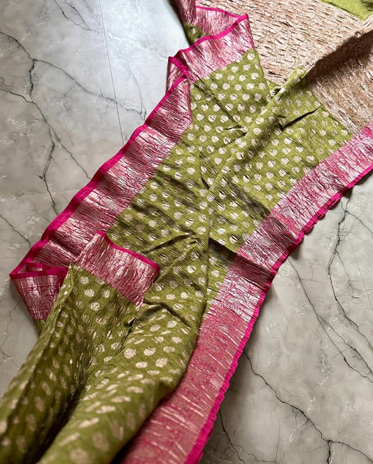 Banarasi Kantan Crush Saree (Green & Pink)
