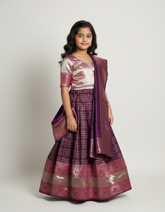 Kids Silk Half Saree (Maroon & Maroon)