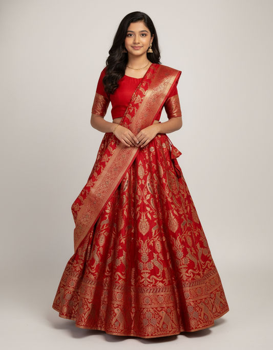 Kids Silk Half Saree (Red & Red)