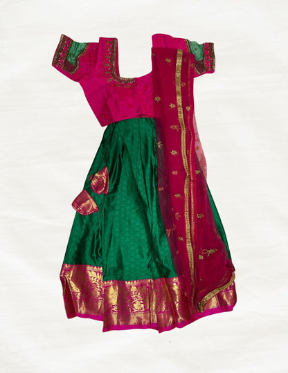 Silk Half Saree with Aari Work (Green & Pink)