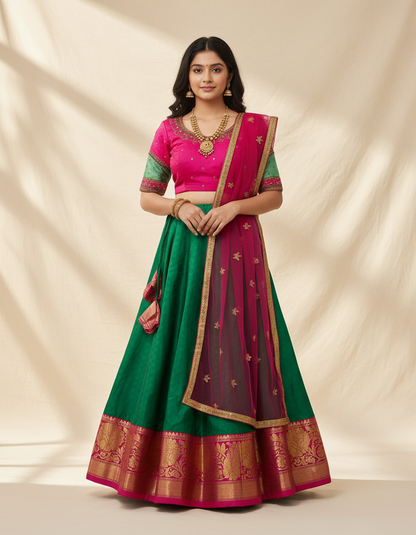 Silk Half Saree with Aari Work (Green & Pink)