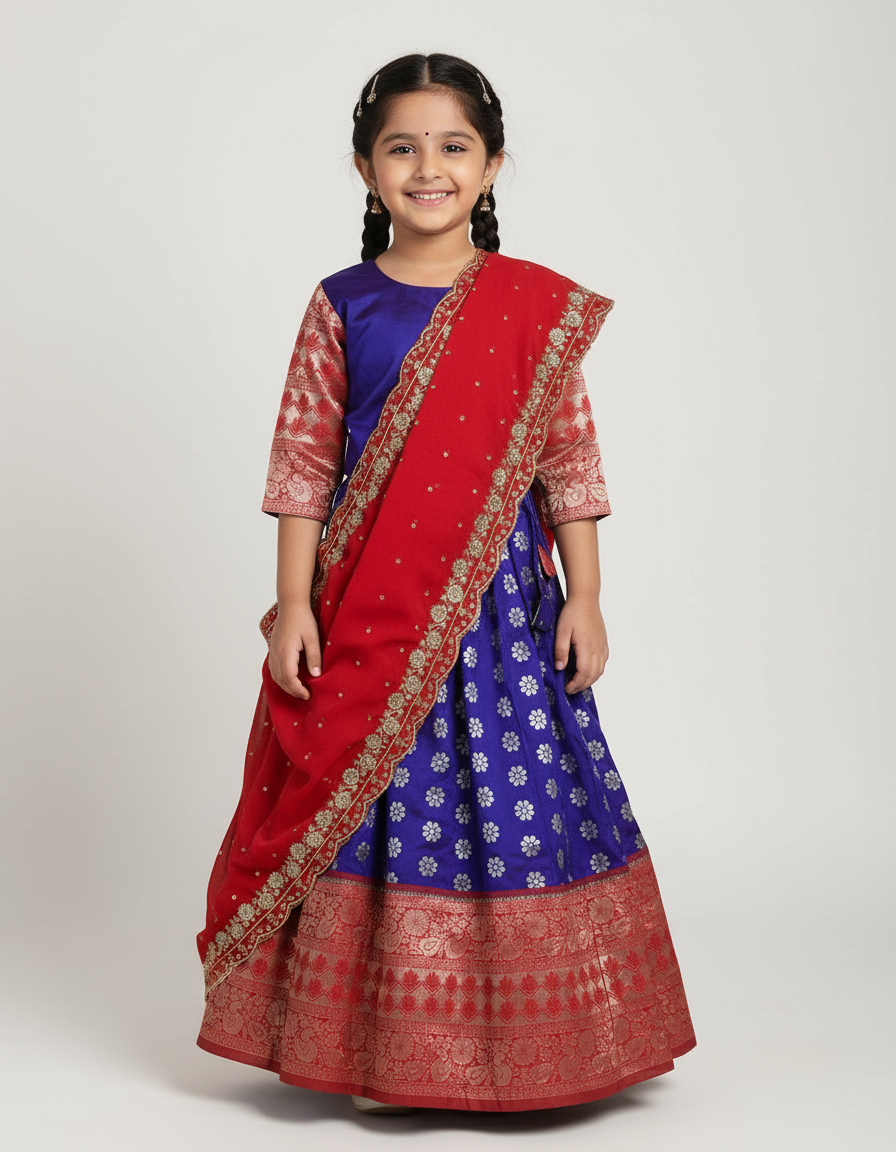 Kids Silk Half Saree (Purple & Red)