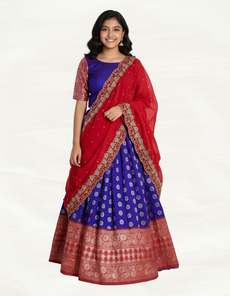 Kids Silk Half Saree (Purple & Red)