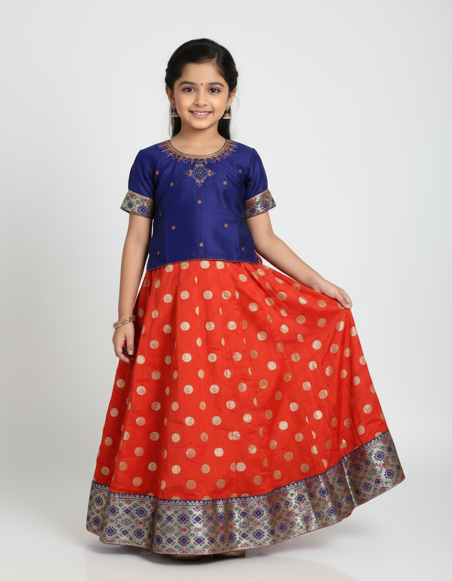 Kids Silk Lehanga Set - Orange With Threadwork Blouse