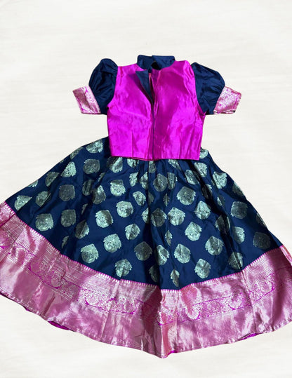 Kids Silk Lehenga Set – Blue with Pink