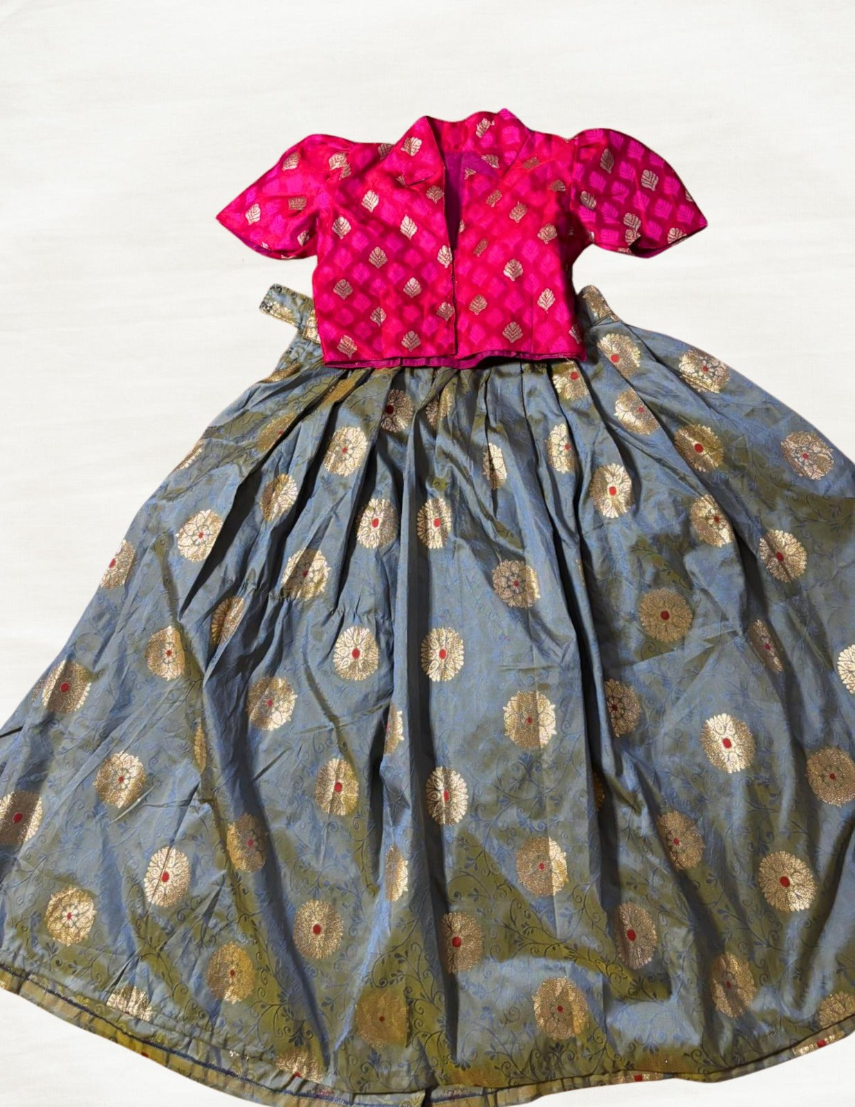 Kids Silk Pavadai Set – Grey With Pink