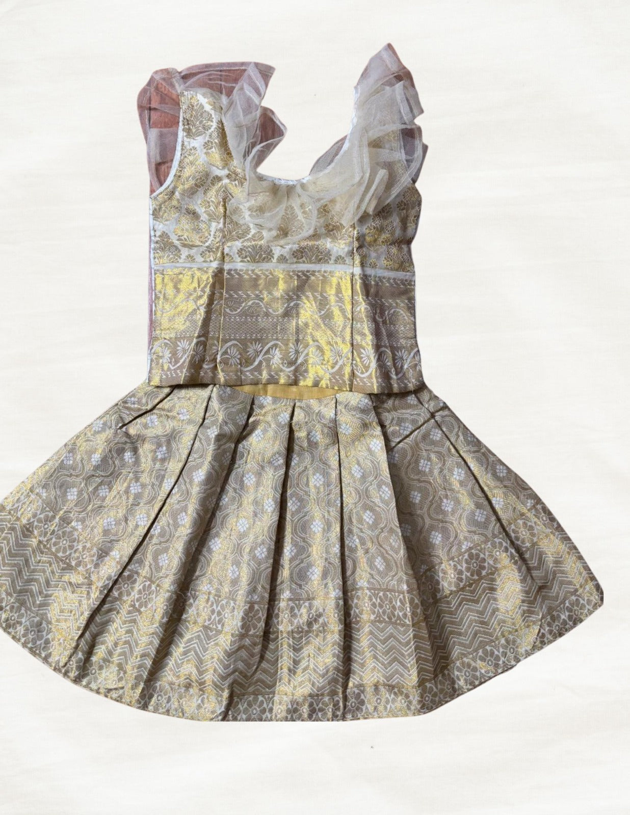 Kids Silk Pavadai Set – White With Gold