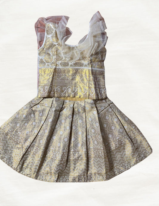 Kids Silk Pavadai Set – White With Gold