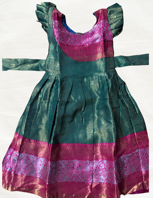 Kids Silk Gown – Green With Pink