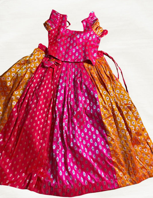 Kids Silk Pavadai Set – Orange with Yellow