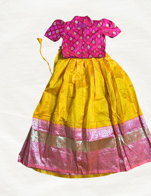 Kids Silk Pavadai Set – Yellow with Pink
