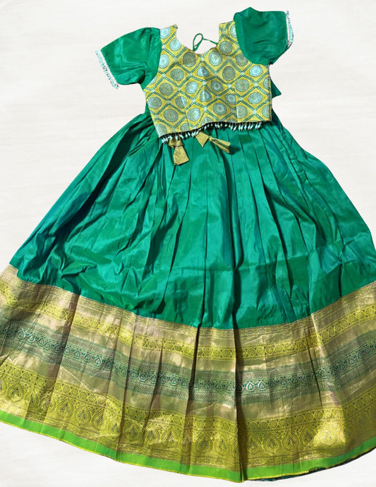 Kids Silk Lehenga Set – Green with Yellow