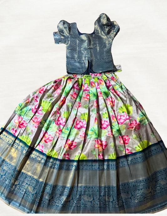 Kids Silk Pavadai Set – Blue Floral